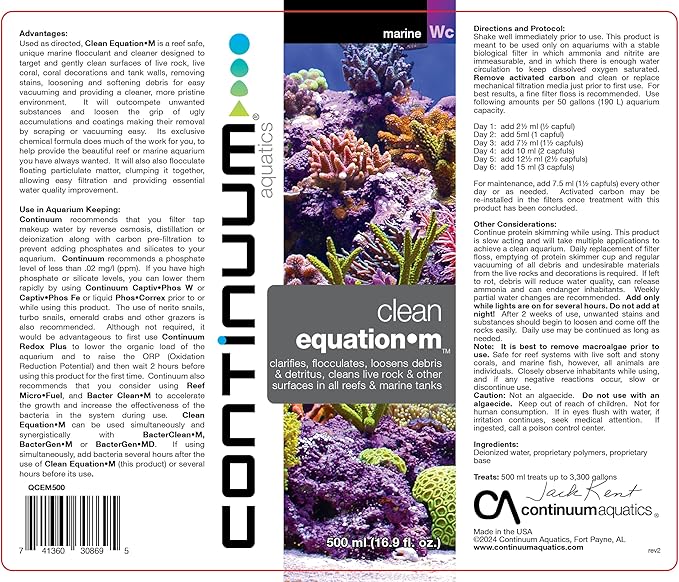 Continuum Aquatics Clean Equation M – Marine Aquarium Cleaner & Clarifier – Clears Water, Loosens Debris, Supports Reef & Fish Health, Advanced Formula 250 ml
