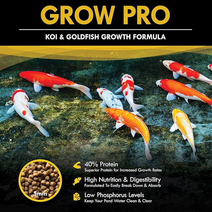 HALF OFF PONDS Grow Pro Koi Fish Food - 5 lb Floating Pellets, 5mm Size - Goldfish Food for Ponds - 40% Protein with Fish Meal & Probiotics - Designed for Rapid Growth & High Digestibility