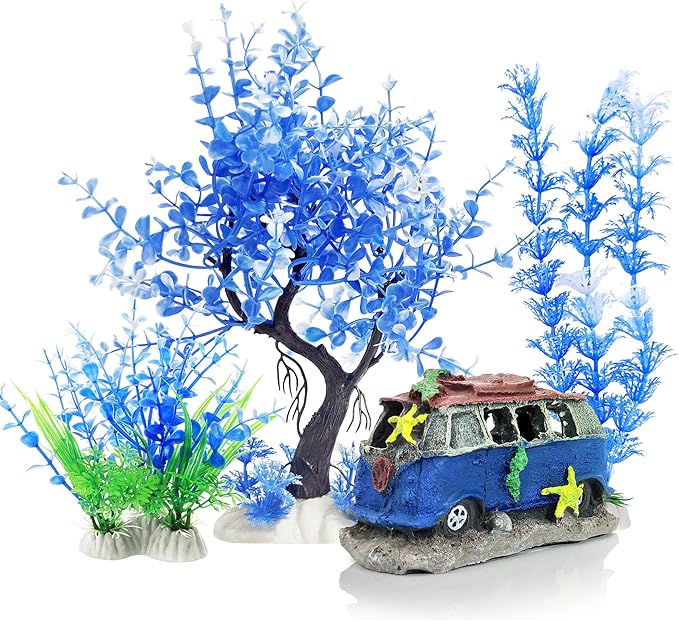 4PCS Fish Tank Aquarium Decorations Plastic Plants with Resin Cave Rock for Fish Hideout (Blue Set)
