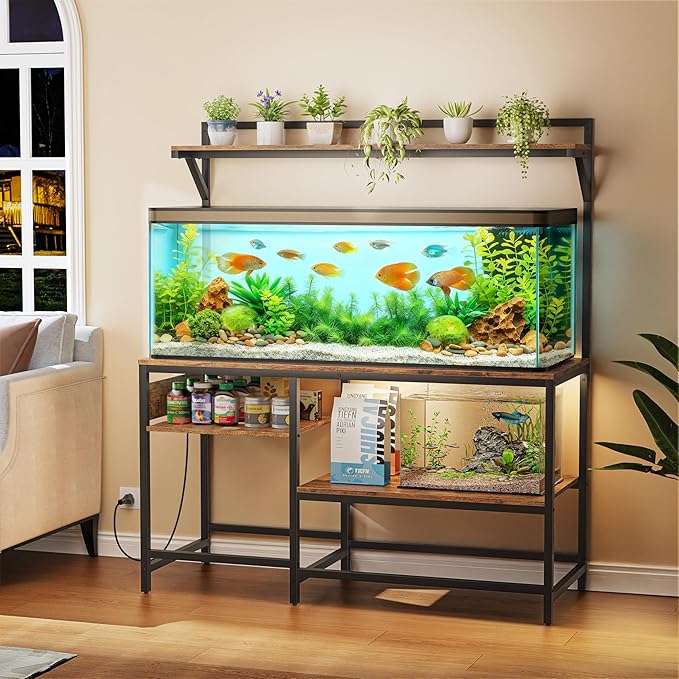 55 Gallon Fish Tank Stand, Aquarium Stand with Power Outlet, Heavy-Duty Reptile Terrarium Stand Table with Top Shelf for 55 Gallon Standard Long-Type Model, 52" L x 19.6" W x 29.9" H(Brown)