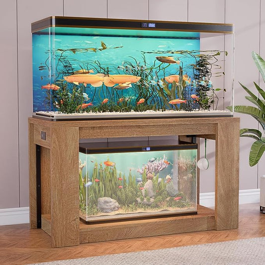 Farmhouse 75–120 Gallon Aquarium Stand for Fish or Reptile Tank, 48"x24" Tabletop Terrarium Stand with Power Outlet and Storage Shelves, Natural Brown Fish Tank Stand, 1500LBS Capacity