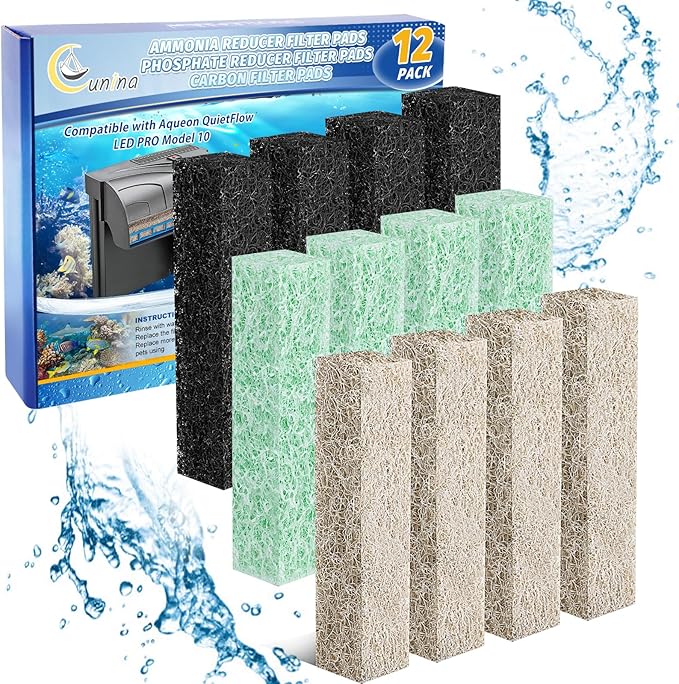 12PCS Ammonia & Phosphate & Carbon Reducer Filter Pads Compatible with Aqueon Filter 10 LED PRO, Replacement Filter Cartridges for SmartClean Aquarium Fish Tank Power Filter, 4+4+4 Mixed Pack