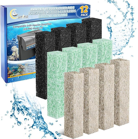 12PCS Ammonia & Phosphate & Carbon Reducer Filter Pads Compatible with Aqueon Filter 10 LED PRO, Replacement Filter Cartridges for SmartClean Aquarium Fish Tank Power Filter, 4+4+4 Mixed Pack