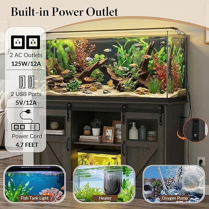 TITIMO 55-75 Gallon Fish Tank Stand with Power Outlet, Heavy Duty Large Aquarium Stand with Sliding Barn Door and Cabinet Storage for 2 Fish Tank Turtle Tank Reptile Terrarium, 1300LBS Capacity(Gray)