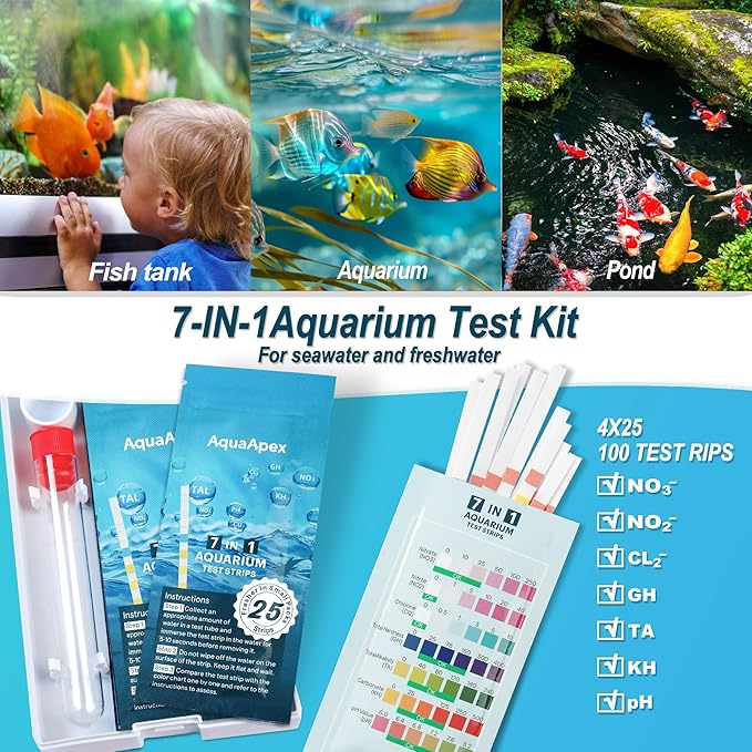 7-in-1 Fish Tank Test Strips |100 Strips | for Freshwater & Saltwater | for Aquarium Tanks & Ponds | Aquarium Test Kit Test Nitrate, Nitrite, Total Hardness, Alkalinity, Carbonate Hardness & moer