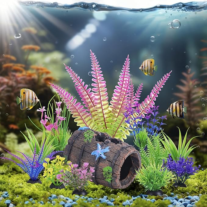 Ameliade Fish Tank Accessories Decorations Set with Broken Barrel Cave & 11 Artificial Aquatic Plants - Betta Goldfish Hiding Spots for Aquariums, Small Bowl Ornament Decor