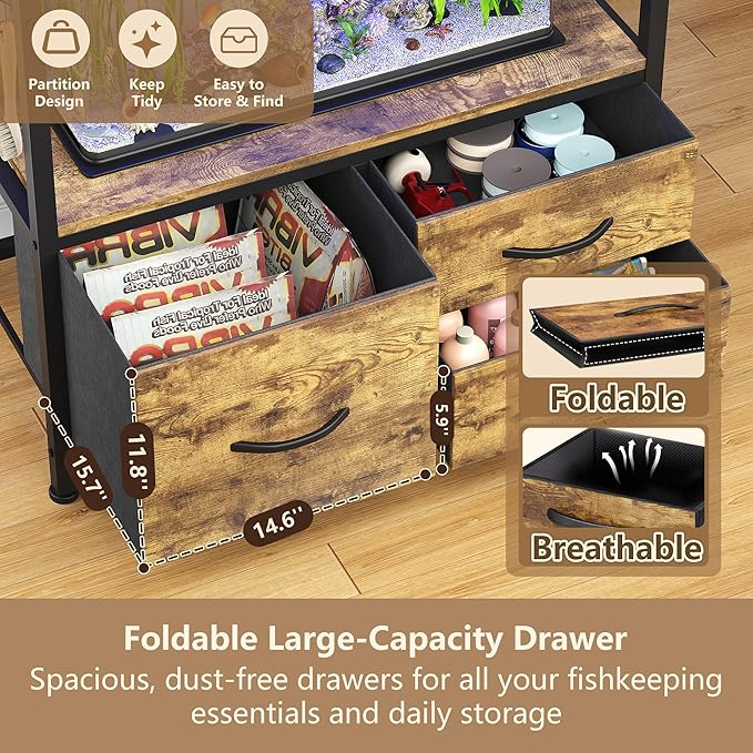 Heybly 20-29 Gallon Fish Tank Stand, Aquarium Stand with Drawer, Power Outlet, Heavy Duty Metal Frame, for Fish Tank, Turtle & Reptile Terrarium, 31.5" x 15.7" Top, 330lbs, Rustic Brown HAS001SR