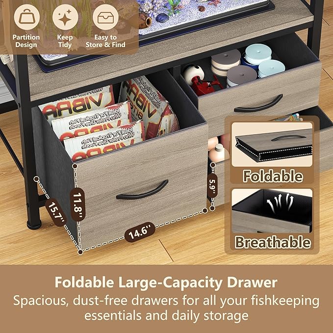 Heybly 20-29 Gallon Fish Tank Stand, Aquarium Stand with Drawer, Power Outlet, Heavy Duty Metal Frame, for Fish Tank, Turtle & Reptile Terrarium, 31.5" x 15.7" Top, 330lbs, Rustic Gray HAS001SG