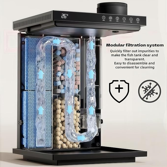 Fish Tank 4-Gallon Aquarium Set, Equipped with an Automatic Feeder, 8 Color Lighting Modes, an Automatic Three-in-one Silent Oxygen Pump, and a Temperature Display.