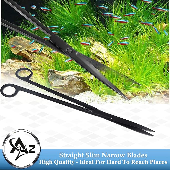 A2Z-Aquascaping Maintenance Tools Accessories,Anti-Rust Stainless Steel Tweezers Scissors Spatula for Aquarium Tank Clean, Fish Tank, Bonsai, Algae Scrapers (12" Scissors - Straight - Black)
