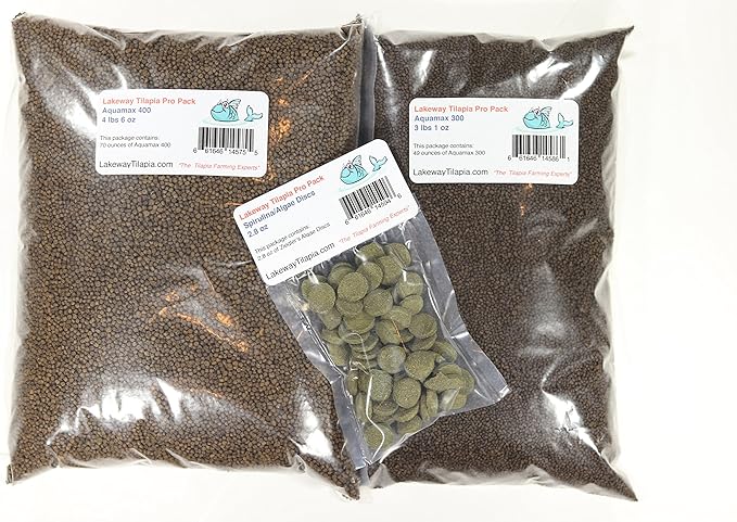 Pro Pack 70 Tilapia Food - Raise Tilapia from Fry Stage Up to 6 Inches Long with Over 3 Pounds 1 Ounce of 300, 4 Pounds 6 Ounces of 400, and 2.8 Ounces of Algae Discs