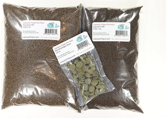 Pro Pack 70 Tilapia Food - Raise Tilapia from Fry Stage Up to 6 Inches Long with Over 3 Pounds 1 Ounce of 300, 4 Pounds 6 Ounces of 400, and 2.8 Ounces of Algae Discs