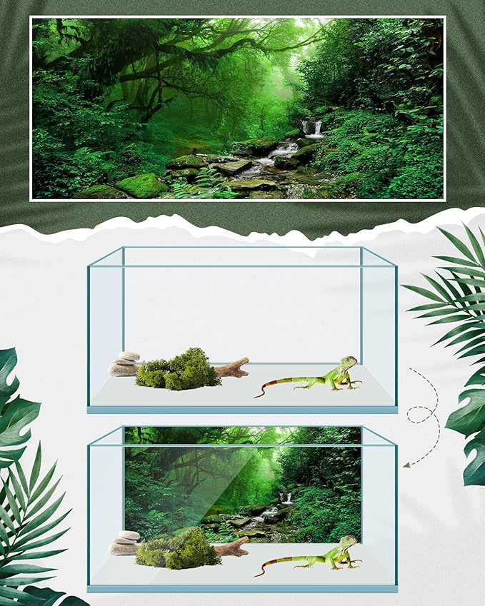Breling 4 Pcs Reptile Habitat Background with Nano Glue Gobi Sun Cactus Stone and Green Tree Fern Stream Terrarium Background Polyester Durable Aquarium Accessories (Style2,36 x 18 Inch)