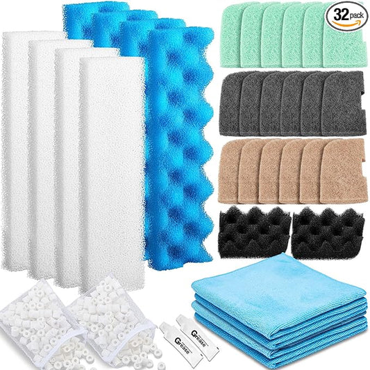 Threlaco 32 Pcs Filter Media Compatible with 406/407 Filters, Aquarium Replacement Maintenance Kit Including Biological Sponge, Ammonia/Phosphate/Nitrite Remover Pad, Aquarium Towel, Grease