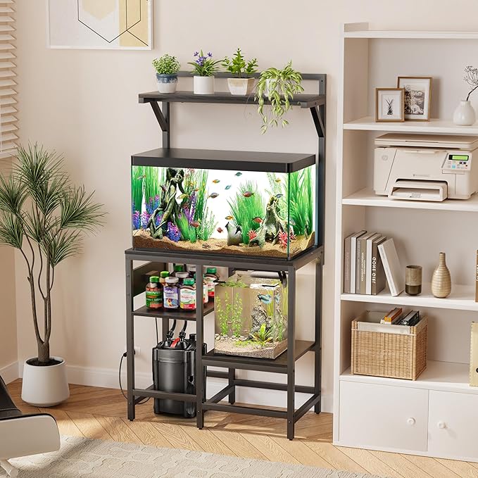 20-29 Gallon Fish Tank Stand, Aquarium Stand with Power Outlet, Heavy-Duty Reptile Terrarium Stand Table with Top Shelf and 4-Tier Adjustable Storage Shelves, 30.7" L x 15.3" W x 30" H(Black)