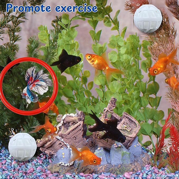 Betta Fish Exercise Ring and Filter Balls Set, Betta Ring and Turtle Water Cleaner Ball, Fish Feeder Rings with Nitrifying Balls, Betta Fishes Tank Toys, Aquatic Turtle Enrichment Toys (Red, M-70mm)