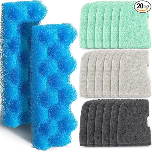 Threlaco 20 Pcs Aquarium Filters Replacement Filter Media Kits Compatible with Fluval 306/307, Including 2 Biological Foams, 6 Ammonia / 6 Phosphate / 6 Nitrite Remover