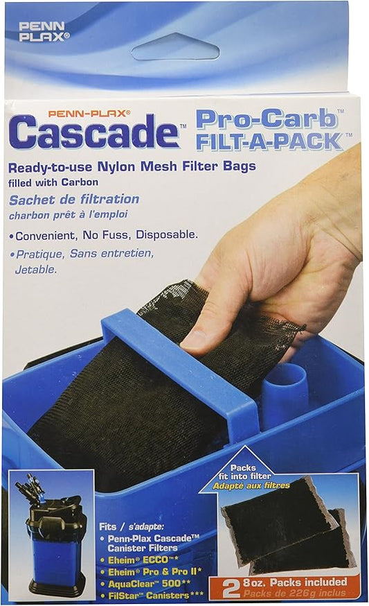 Penn-Plax Cascade Pro-Carb Filt-A-Pack, 2 Pack - Carbon Aquarium Canister Filter Media Bags - Pre-Bagged Nylon Mesh Replacement for Cascade Systems, Freshwater & Saltwater Tanks - 8 Ounce