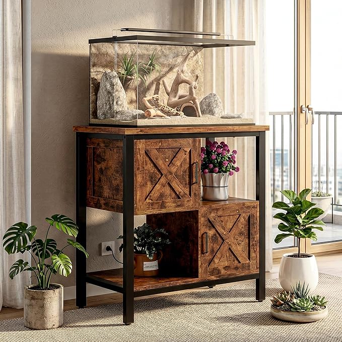 20-29 Gallon Fish Tank Stand with Power Outlet, Farmhouse Aquarium Stand with 2 Cabinets, 20 Gallon Fish Stand with 4 Adjustable Legs, 16.5" L*30.7" W Tabletop (Brown)
