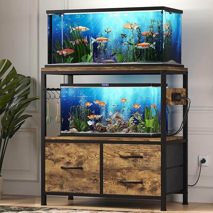 Heybly 20-29 Gallon Fish Tank Stand, Aquarium Stand with Drawer, Power Outlet, Heavy Duty Metal Frame, for Fish Tank, Turtle & Reptile Terrarium, 31.5" x 15.7" Top, 330lbs, Rustic Brown HAS001SR