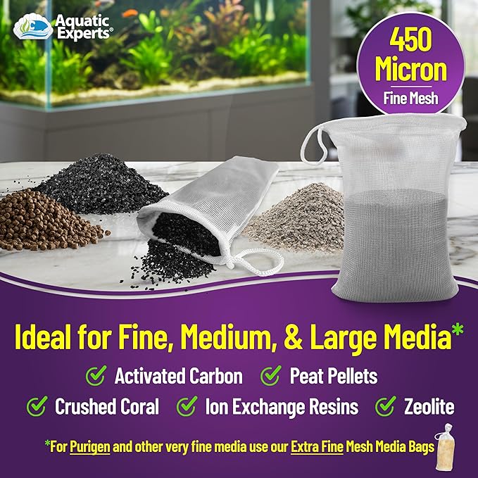 Aquatic Experts Fine Aquarium Media Bag, Durable Drawstring Bags for Fish Tank Filters, 450 Micron Mesh, (Fine, 3"x 4" - 4 Pack)