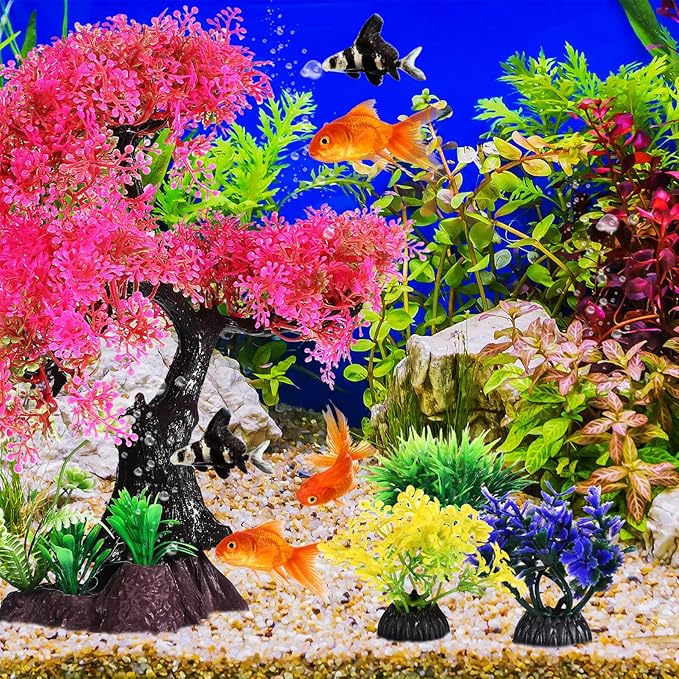 Toyvian Realistic Fish Tank Plants Set Aquarium Decorations Simulated Water Plants Betta Fish Tank Accessories Plastic Aquarium Plants Fade-Resistant 10.62X9.44X3.74 Inches