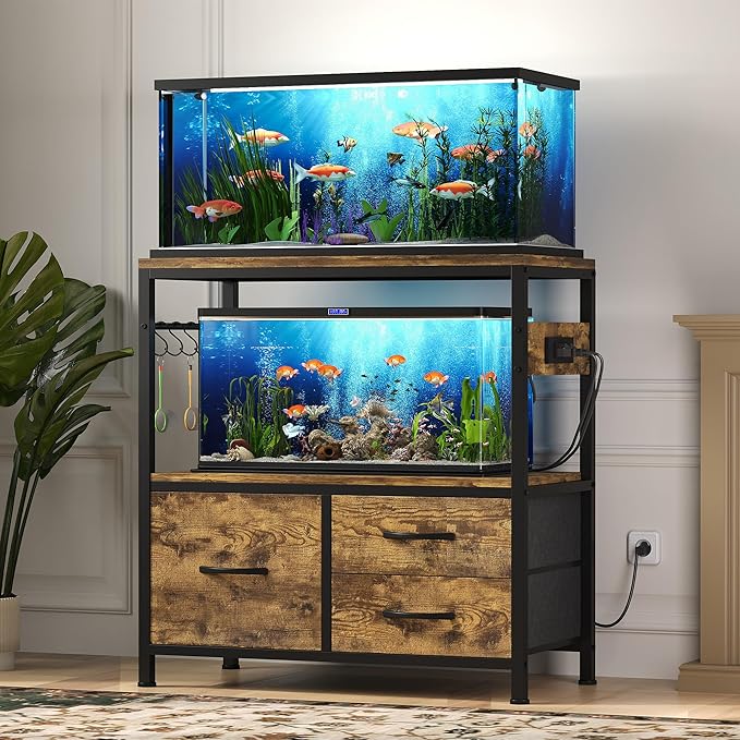 Heybly 20-29 Gallon Fish Tank Stand, Aquarium Stand with Drawer, Power Outlet, Heavy Duty Metal Frame, for Fish Tank, Turtle & Reptile Terrarium, 31.5" x 15.7" Top, 330lbs, Rustic Brown HAS001SR