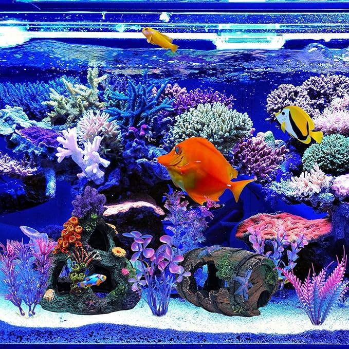 Betta Fish Tank Decor Accessories, Colorful Coral Reef Aquarium Decor Set with Coral Mountain Hideout, Starfish Bucket and 6 Aquatic Plants, Fish Aquarium Decor for Beta Fish Aquariums and Betta Fish