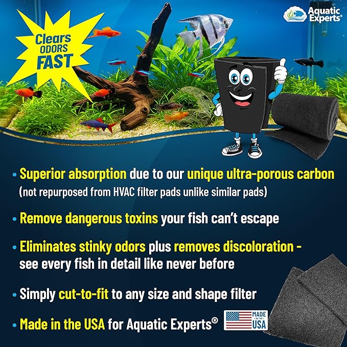 Aquarium Carbon Pad – Cut‑to‑Fit Carbon Infused Filter Pad Media for Crystal Clear Fish Tanks and Ponds, 3/8"–1/2" Thick (24 Inch Width, 72 Inch Long)