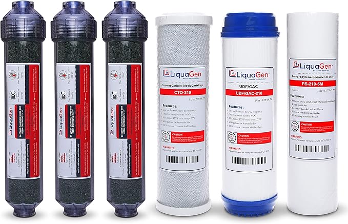 LiquaGen - 7 Stage RO/DI Yearly Replacement Filter Kit - Pre Filters with Inline Deionization - Stage 1,2,3,5,6 & 7 | Reverse Osmosis Water Purifier Set w/Deionizer Water Filter for Pure 0 TDS Water