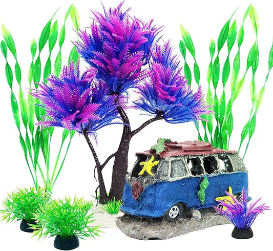 6PCS Fish Tank Aquarium Decorations Plastic Plants with Resin Cave Rock for Fish Hideout (Purple Set)