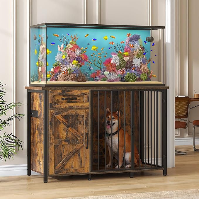 kepptory 55-75 Gallon Fish Tank Stand with Dog Crate, Multifunctional Aquarium Stand with Cabinet and Power Outlets for Larger Aquariums and Versatile Use (Brown)