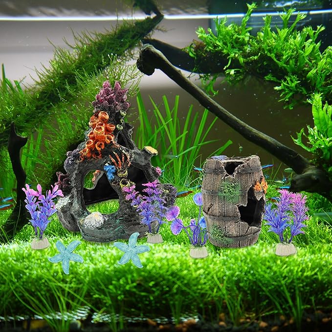 8 Pcs Fish Tank Decor, Small Aquarium Decorations Accessories, Fish Tank Plants Fish Cave Hideout, 2 x Aquarium Cave 4 x Aquarium Plant 2 x Starfish Ornament (Colorful)
