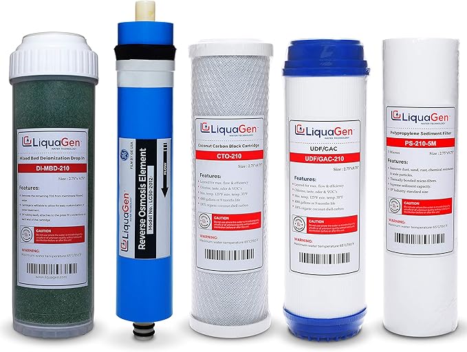 LiquaGen - 5 Stage Aquarium Reef Reverse Osmosis (RO/DI) Water Filter Replacement Kit (DI Resin on the Side) (100 GPD) | For 0 TDS Water