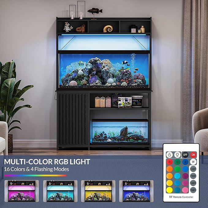 BELLEZE 55-90 Gallon Aquarium Stand with LED Lights, Fluted Cabinet For Fish Tank Accessories Storage, Heavy Duty Metal & Power Outlets, 1200 LBS Capacity, Turtle Tank Reptile Terrarium, Black Ebony