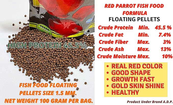 High Protein 45.5% Red Parrot Fish Food & Cichlid Fish Feed Floating Pellet 1.5 mm, 100 g. Astaxanthin Color Enhancing Highly Nutritious for Growth Fast, Big Body Healthy Shine Skin Tropical Fish