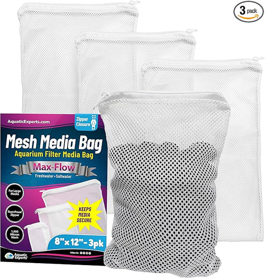 Aquatic Experts Max Flow Filter Media Bag - Durable Filter Bags for Fish Tank, Secure Aquarium Media Bag with Drawstring, Media Bags for Aquarium and Pond, Max Flow (Zipper), 8” x 12” – 3 Pack