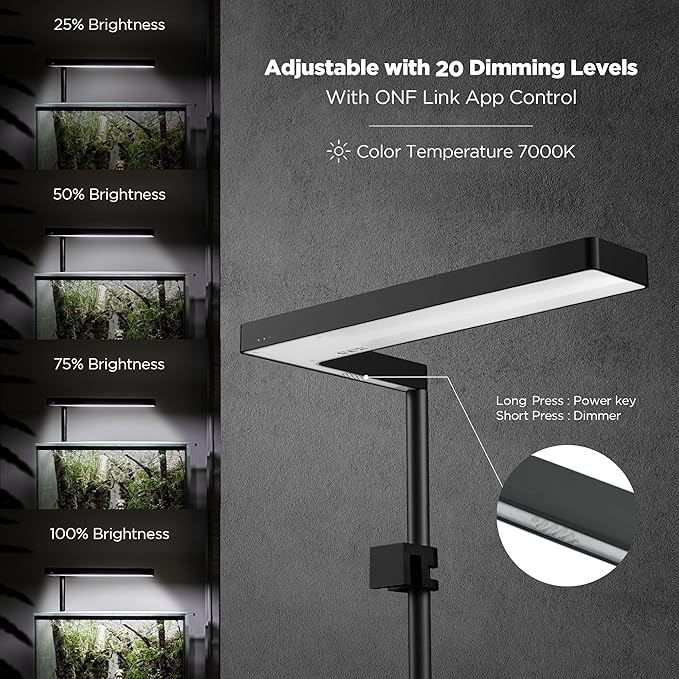 ONF Flat Nano+ 15W Full Spectrum Aquarium Light, Up to 20 Level Dimmable APP Controlled Light, IP54 Waterproof Light, Suitable for 2-9 Gallon Rimless Fish Tanks, Terrariums, & Potted Plants, Black