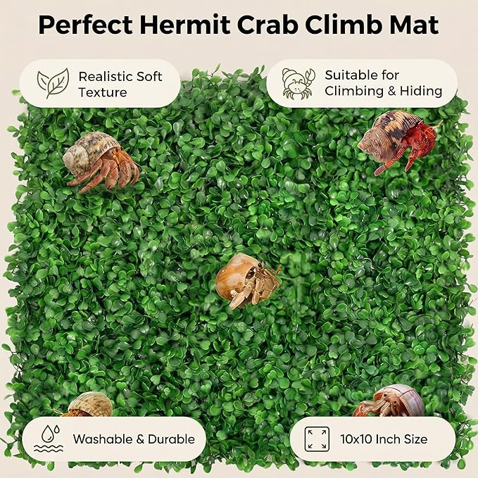 Hermit Crab Climbing Toys - 10x10 Inch Faux Grass Mat, Fake Turf Climbing Wall, Plastic Aquarium Plants Lawn for Hermit Crab, Gecko, Reptile, Lizard Habitat