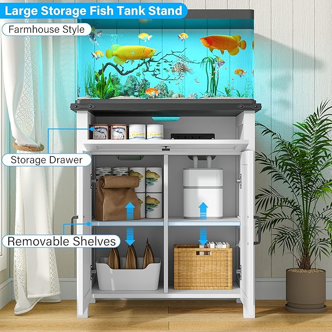 kepptory 20 Gallon Fish Tank Stand with Power Outlets, Farmhouse Decorative Aquarium Stand Furniture with Adjustable Shelves, 10-20 Gallon Reptile Turtle Tank Stand with Cabinet Storage (White, 20GL)