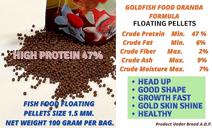 ORANDA Goldfish Food Floating Pellet 1.5 mm, 100 g. High Protein 47% Tropical Fish Feed Color Enhancing, Highly Nutritious for Growth Fast Formula Big Muscle & Mass Gain, Best Healthy Goldfish Feed