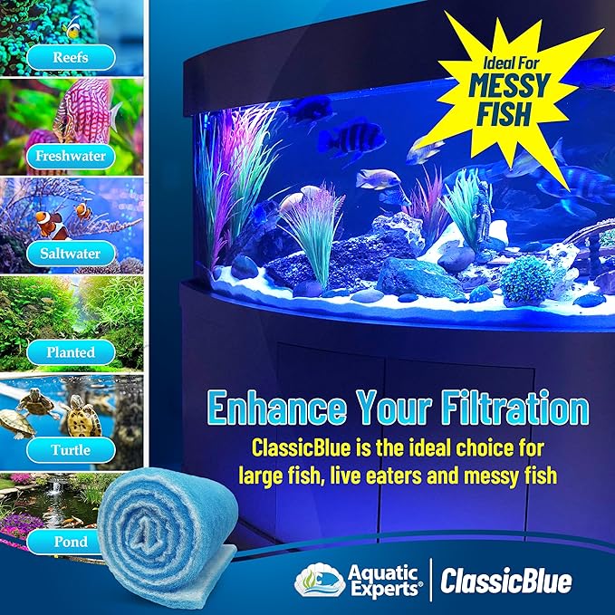Aquatic Experts Classic Bonded Aquarium Filter Pad -12 Inches by 72 Inches by .75 Inch - Blue and White Aquarium Filter Media Roll Bulk Can Be Cut to Fit Most Filters, Made in USA