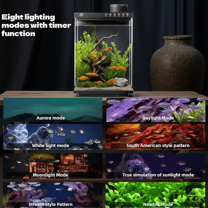 Fish Tank 4-Gallon Aquarium Set, Equipped with an Automatic Feeder, 8 Color Lighting Modes, an Automatic Three-in-one Silent Oxygen Pump, and a Temperature Display.