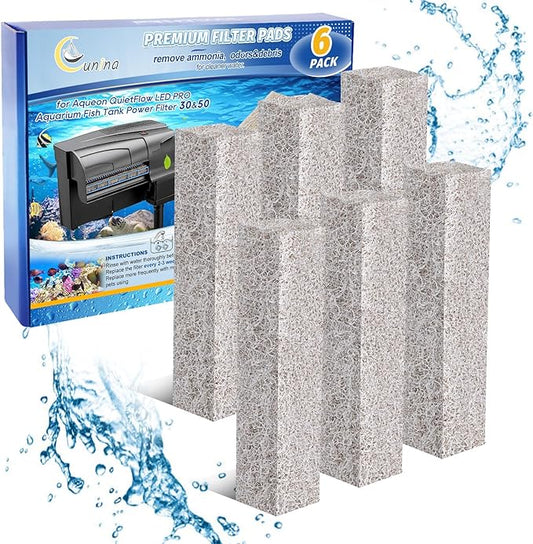 Ammonia Reducer Filter Pads Compatible with Aqueon Quietflow 30 & 50, Sponge Filters for Aqueon Replacement Filter Cartridges Large, LED PRO Aquarium Fish Tank Power Filter 6PCS