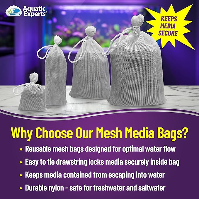 Aquatic Experts Fine Aquarium Media Bag, Durable Drawstring Bags for Fish Tank Filters, 450 Micron Mesh, (Fine, 3"x 4" - 4 Pack)
