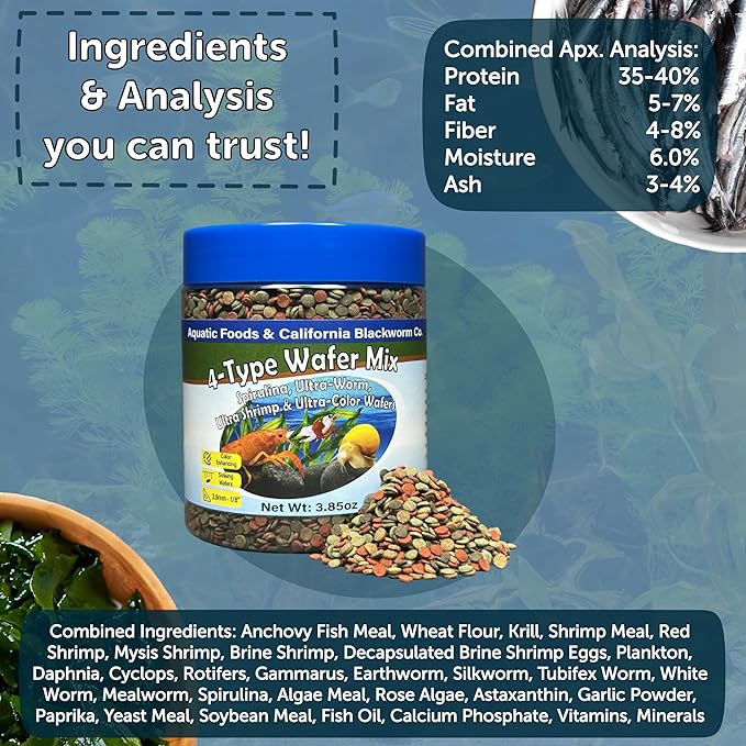 4-Type 3.5mm - 1/8" Sinking Wafer Mix of Spirulina-Algae, Ultra-Worm, Ultra-Shrimp, Color Enhancing Wafers for Shrimp, Snails, Crayfish, All Tropical Fish, 3.5mm..5oz Canister