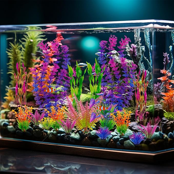 Ameliade 25pcs Fish Tank Artificial Plastic Plants Decorations Large Aquarium Decor Betta Goldfish Tank Accessories Fish Bowl Ornaments (Colorful)