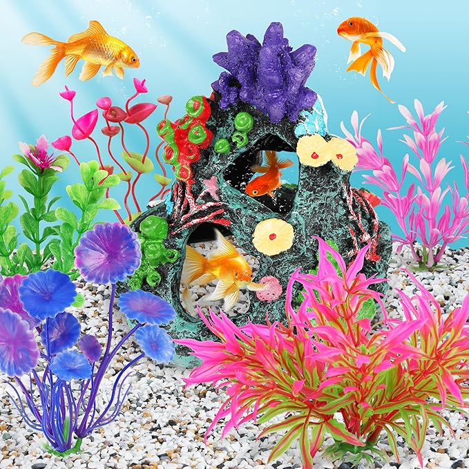 MyLifeUNIT Fish Tank Plants, 7 Pieces Colorful Aquarium Plants and Coral Reef Set for Fish Tank Decoration, Mountain Cave Ornament for Betta, Goldfish to Breed, Play and Rest