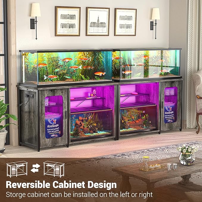 Unikito 55-75 Gallon Aquarium Stand with Power Outlets & LED Light, Reversible Fish Tank Stand with Cabinet for Fish Tank Accessories Storage, Heavy Duty Metal Frame, 880LBS Capacity, Black Oak