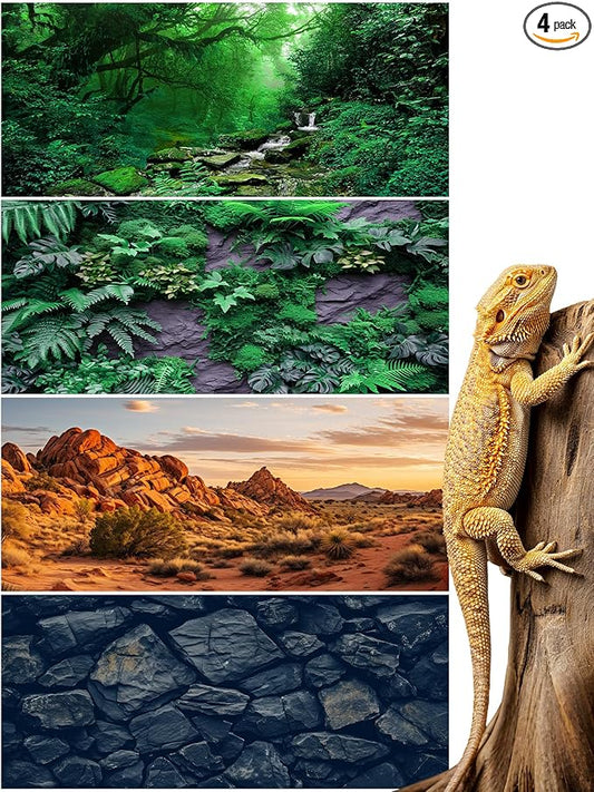 Breling 4 Pcs Reptile Habitat Background with Nano Glue Gobi Sun Cactus Stone and Green Tree Fern Stream Terrarium Background Polyester Durable Aquarium Accessories (Style2,36 x 18 Inch)